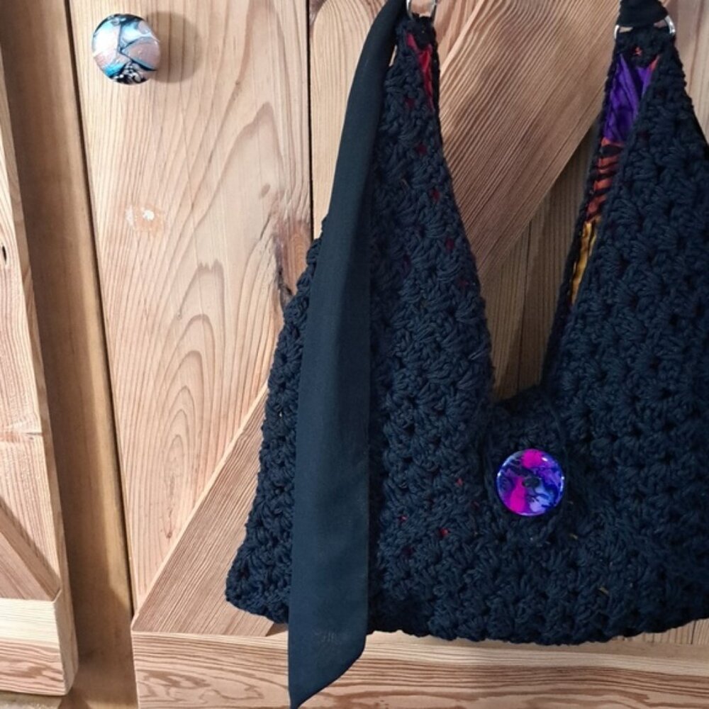 Hand Crafted Crochet Granny Square Three Triangle Cotton Bag Purse Tote - Picture 8 of 15